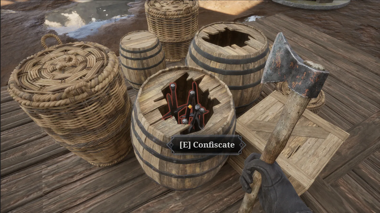 Gameplay screenshot of Gate Guard Simulator showing items in barrels