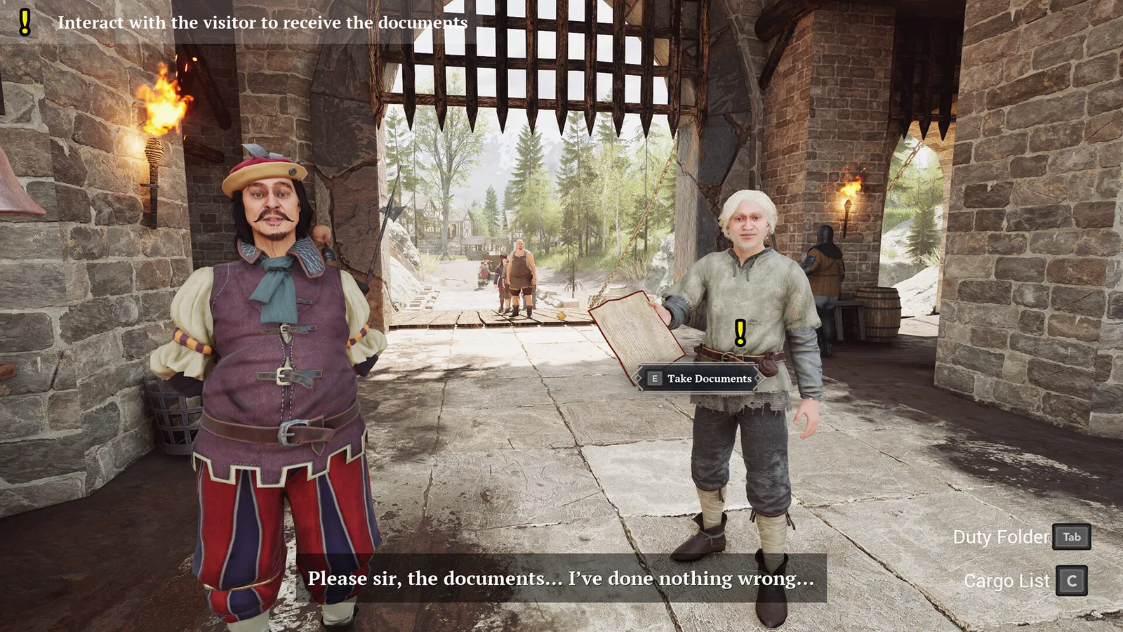 Gate Guard Simulator gameplay featuring character interaction and document exchange