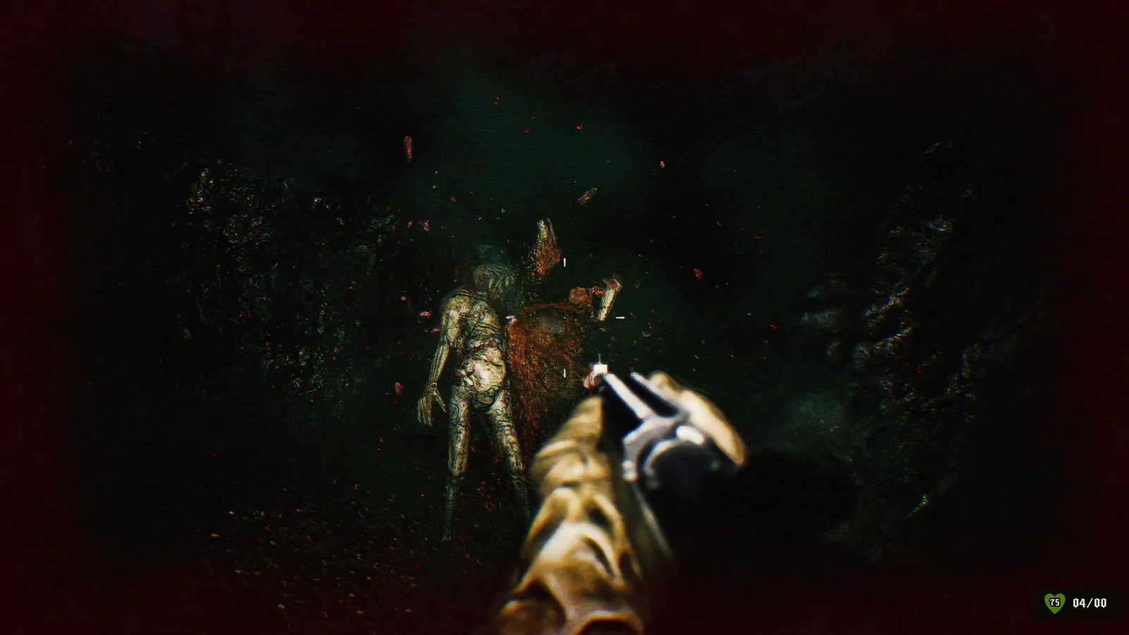 Intense gameplay scene from GUTTED: Infested Crypts featuring combat in dark environment