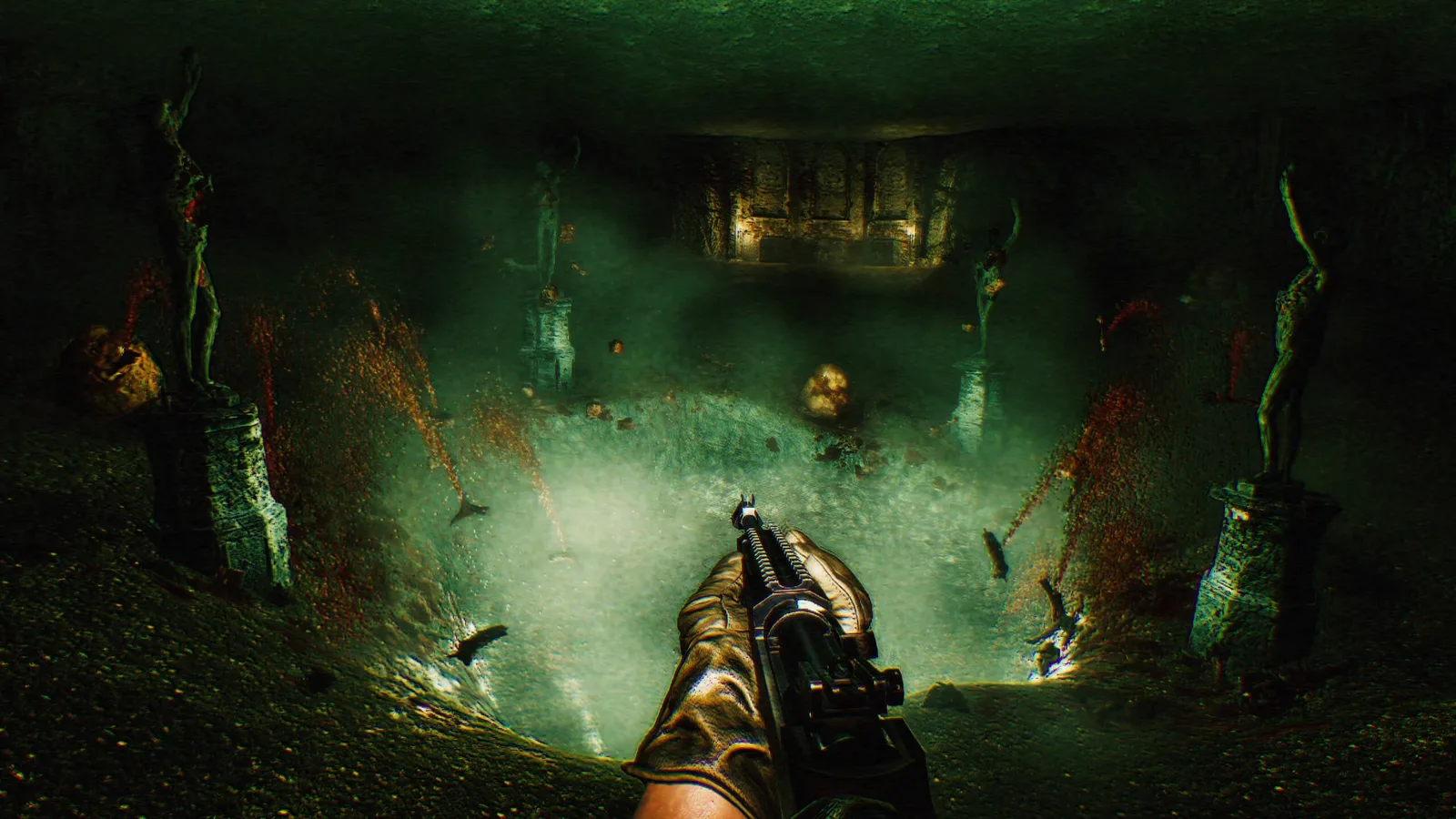 Exploring eerie crypts in GUTTED: Infested Crypts with atmospheric lighting and detailed environments.