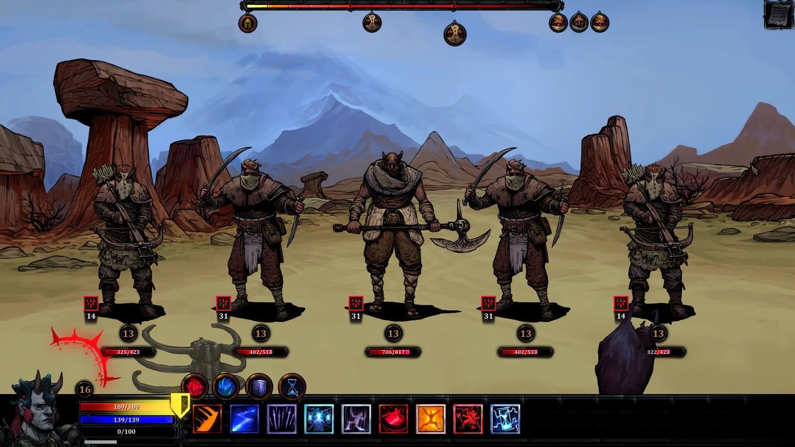 Turn-based combat scene in HellSlave II featuring multiple enemies and character stats.