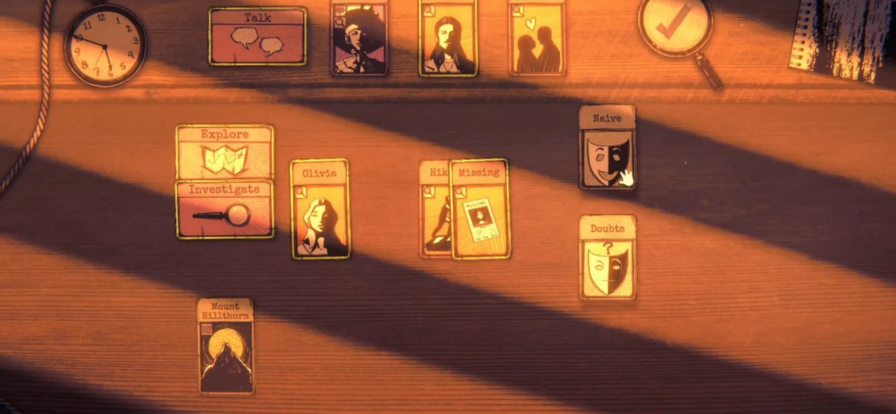 Hillthorn game screenshot showcasing character cards and investigation elements.