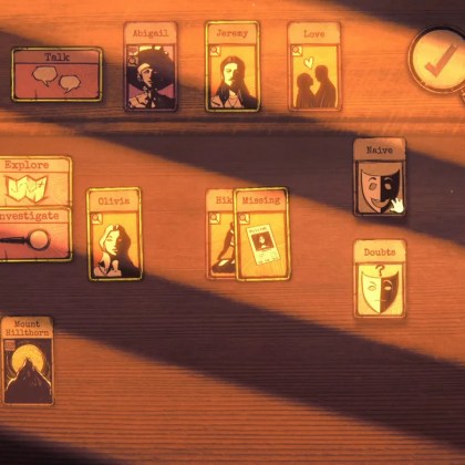 Hillthorn game screenshot showcasing character cards and investigation elements.