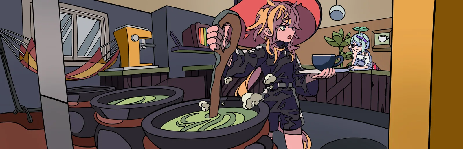 Colorful header for Hips N Noses featuring a witch character