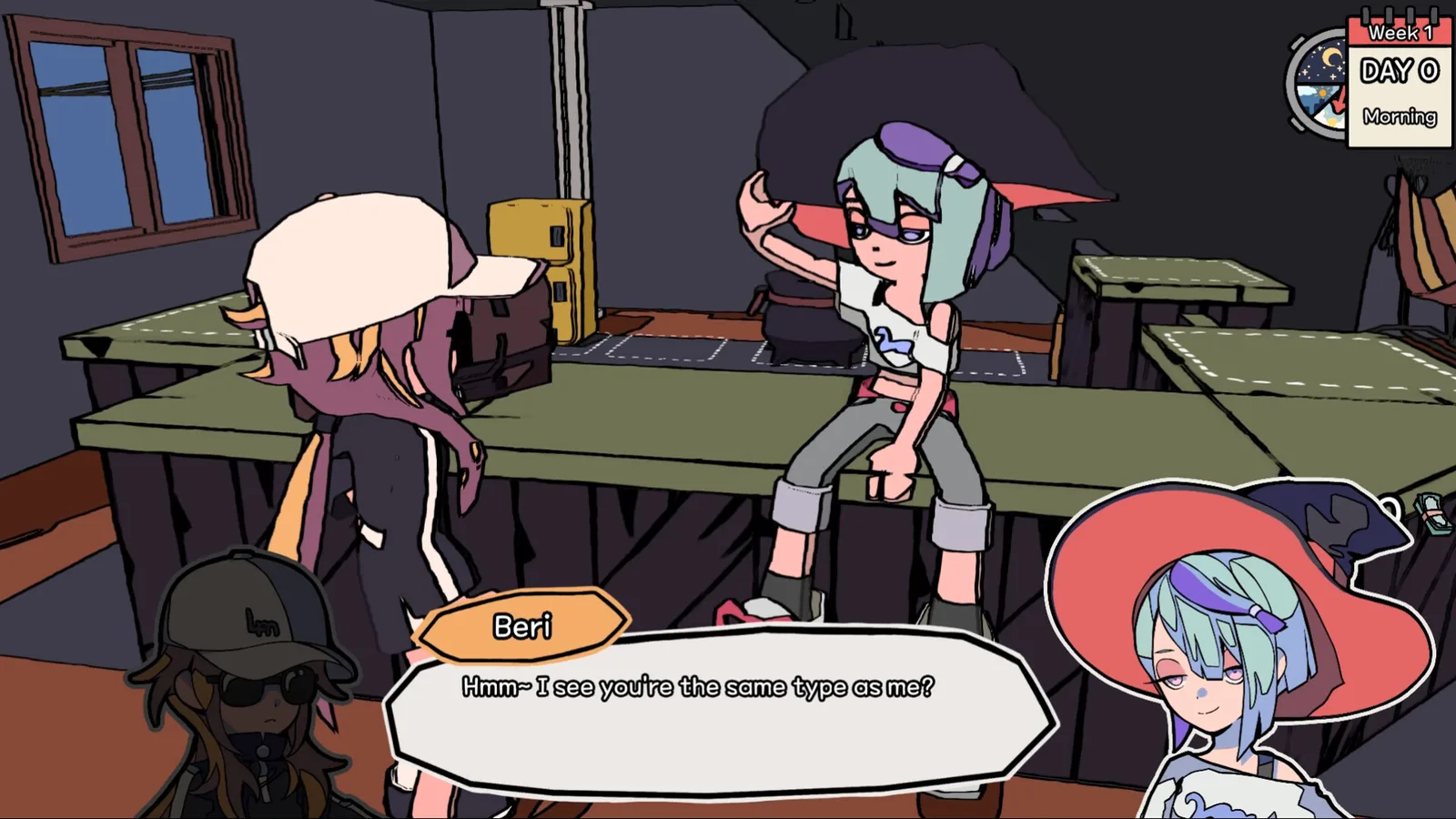 Two characters interacting in a café setting in Hips N' Noses game.