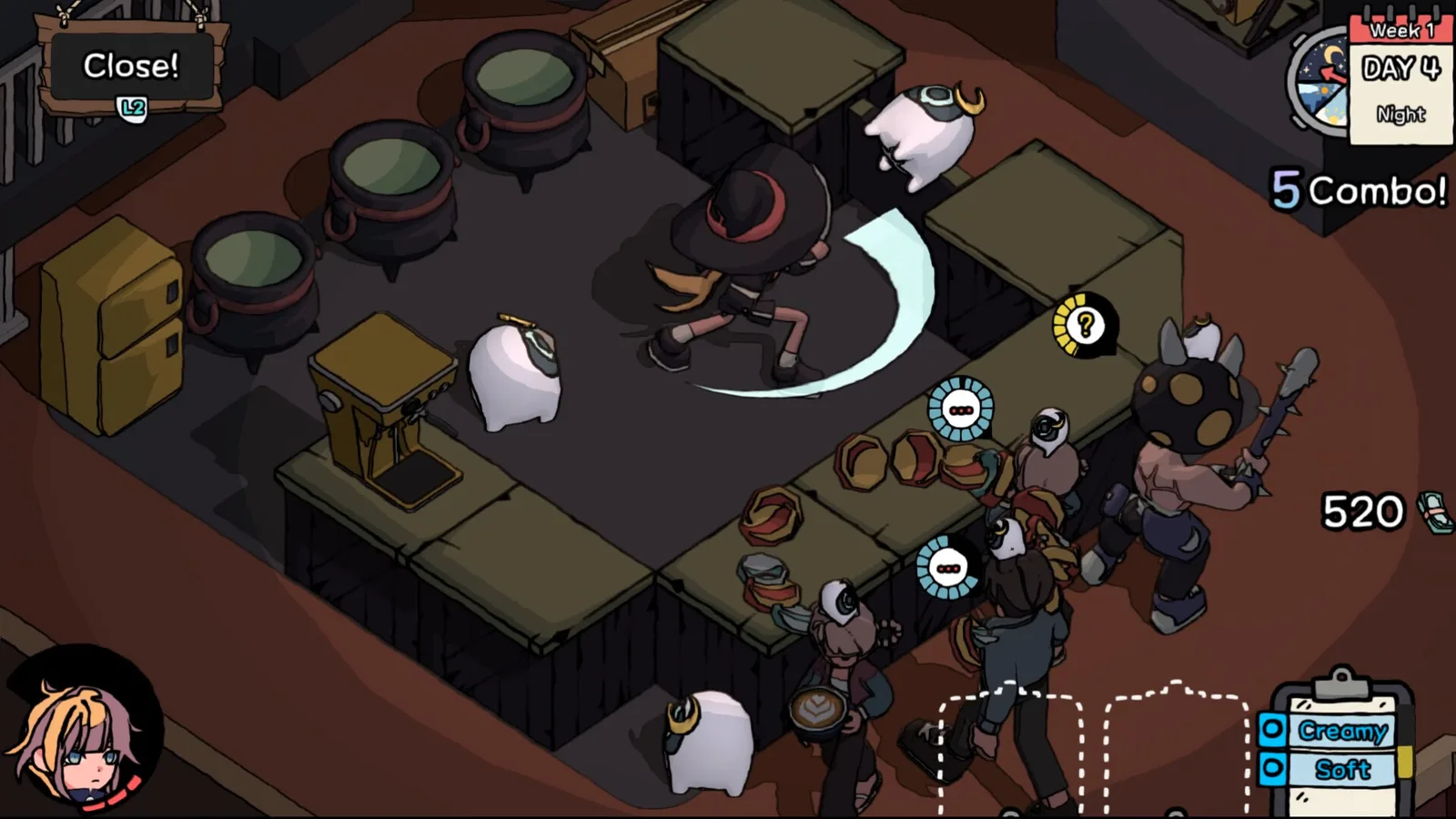 Gameplay of Hips N' Noses café management with characters and cooking elements.