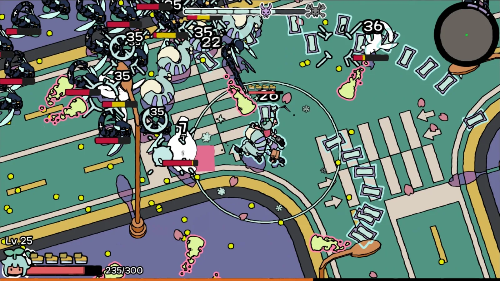Colorful café management game scene with characters and action elements.