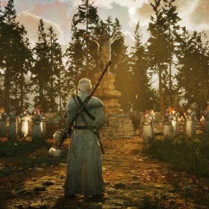 Character facing a cult gathering in a forest setting with a statue.