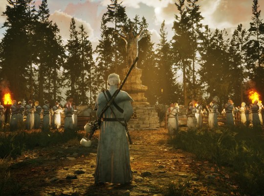 Character facing a cult gathering in a forest setting with a statue.