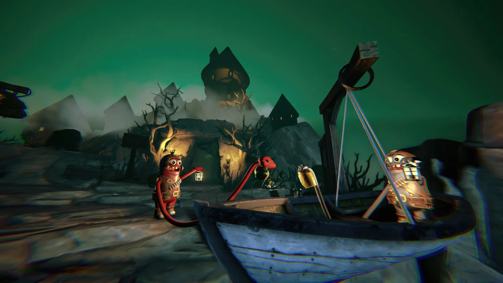 Colorful characters in a spooky pirate setting with a boat and haunted castle