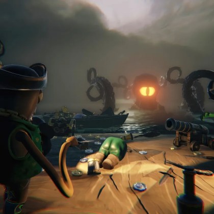 Pirate characters in a dark, atmospheric setting with eerie tentacles emerging from the water.