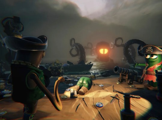 Pirate characters in a dark, atmospheric setting with eerie tentacles emerging from the water.