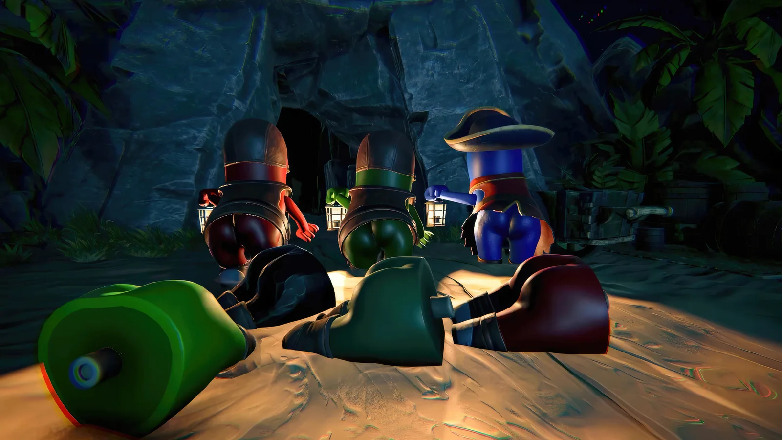 Colorful pirate characters exploring a cave in Last Pirates: Die Together
