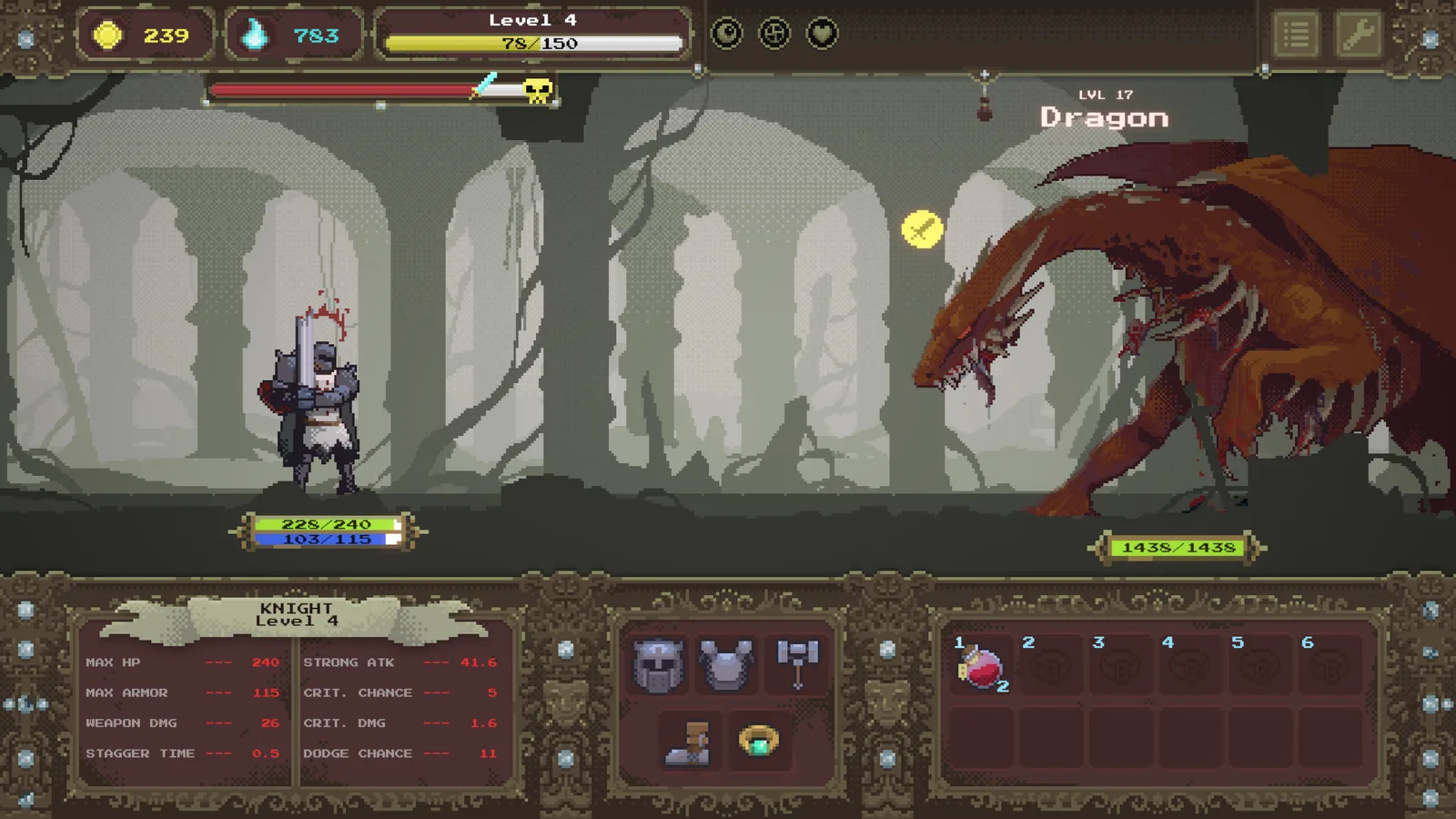 Knight battles a dragon in Loot Dungeon's dark fantasy roguelite gameplay.