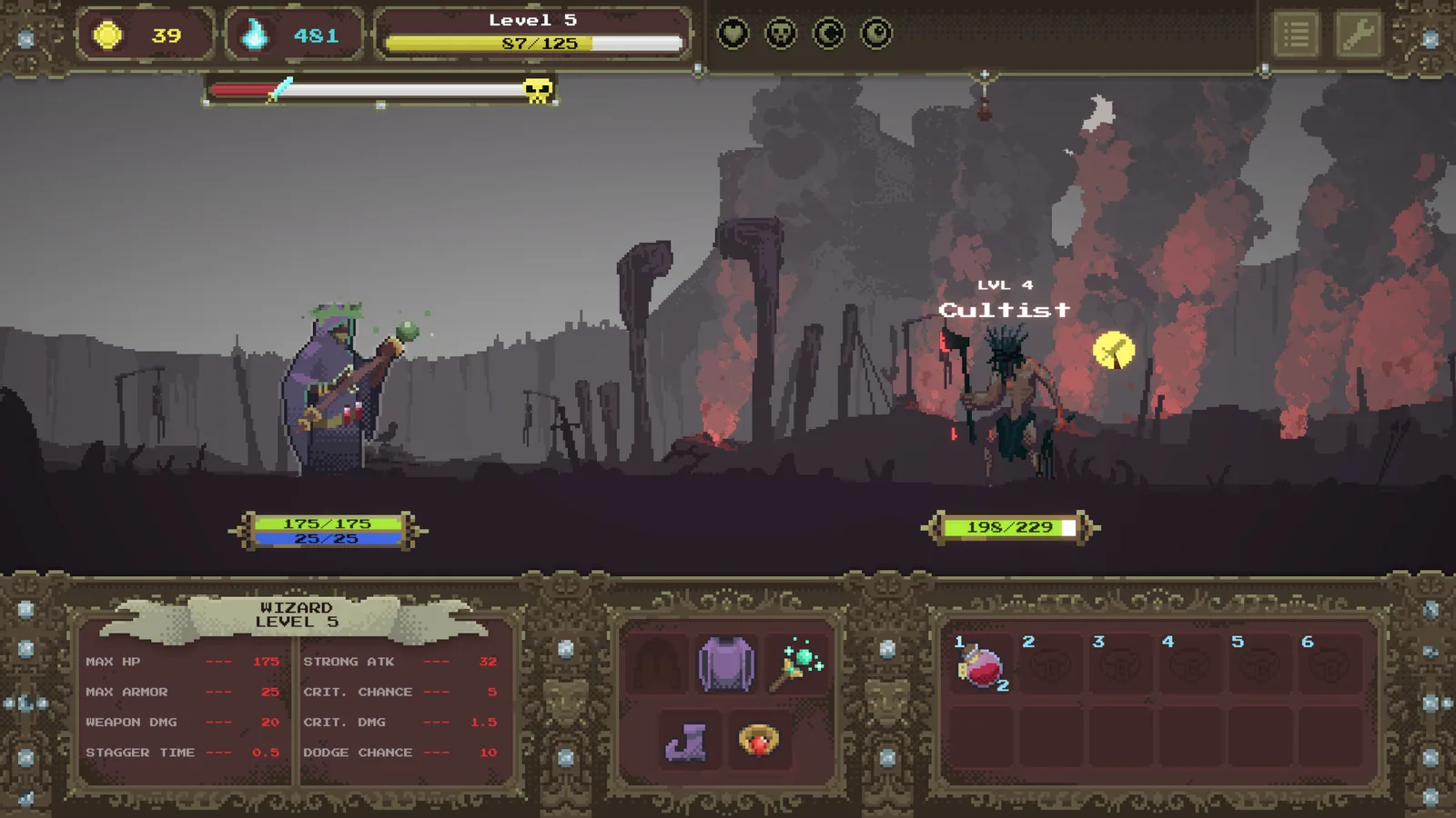 Gameplay screenshot of Loot Dungeon featuring a wizard battling a cultist in a dark fantasy setting.