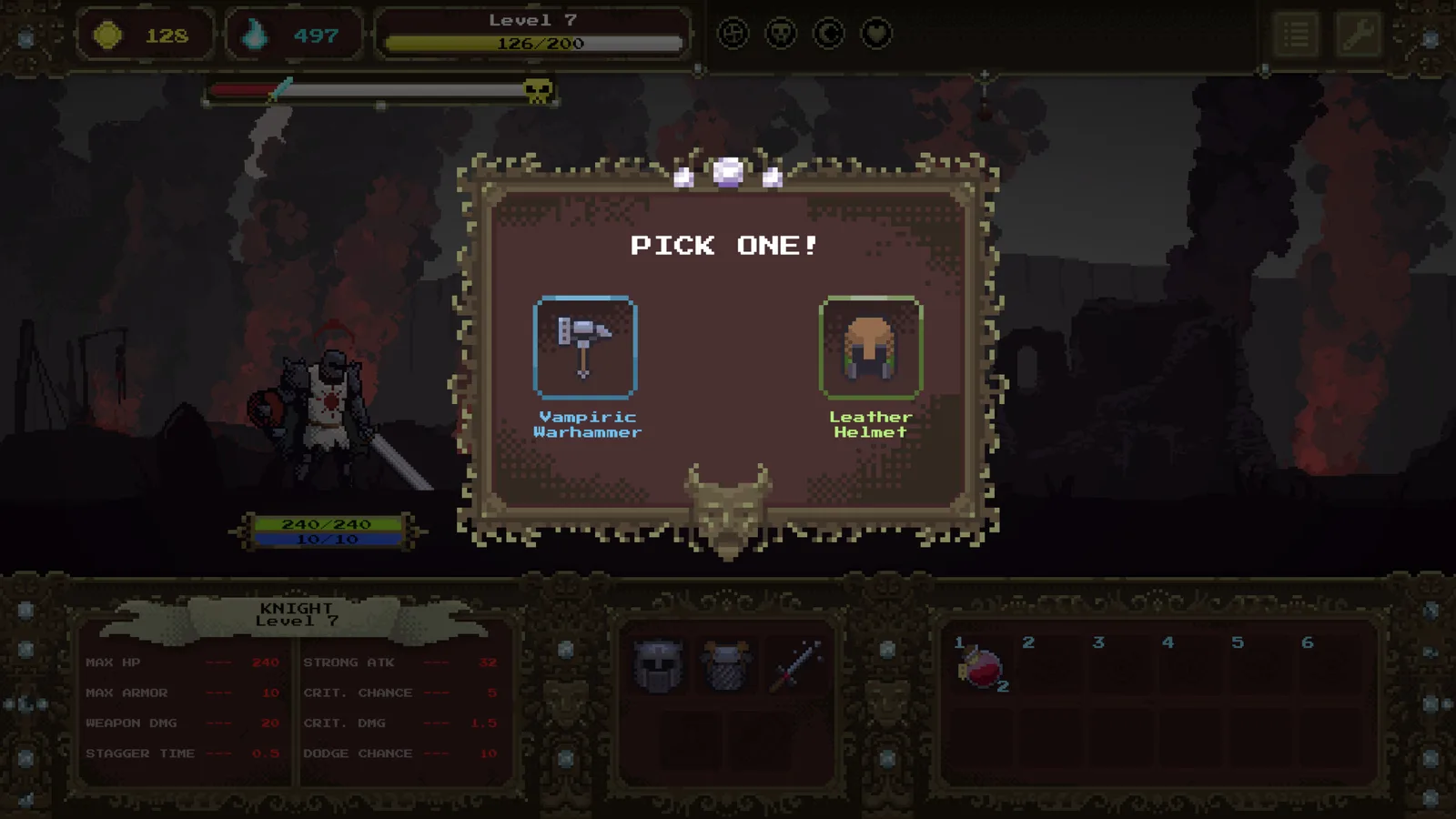 Loot Dungeon gameplay showing item selection screen with character and options.
