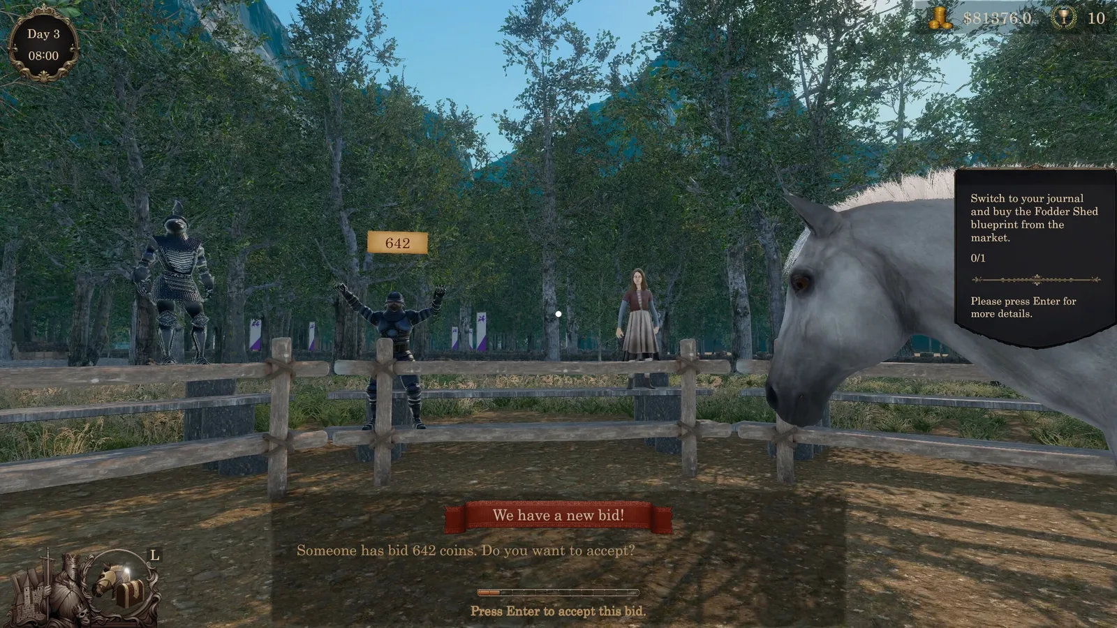 Medieval Horse Dealer Simulator gameplay with bidding scene and horse in focus