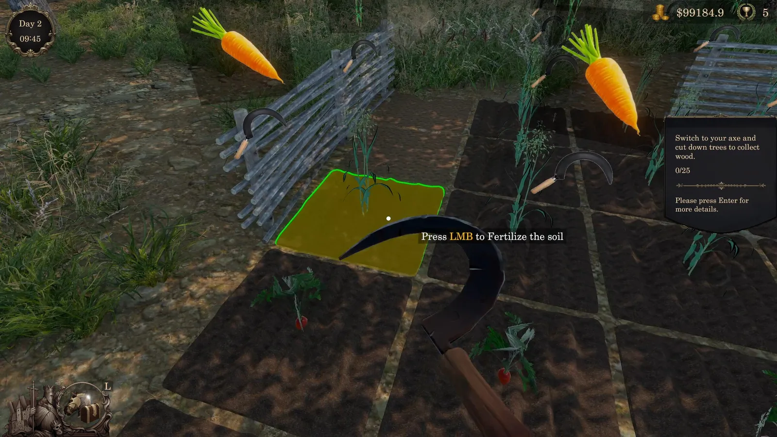 Gameplay scene from Medieval Horse Dealer Simulator featuring farming mechanics.
