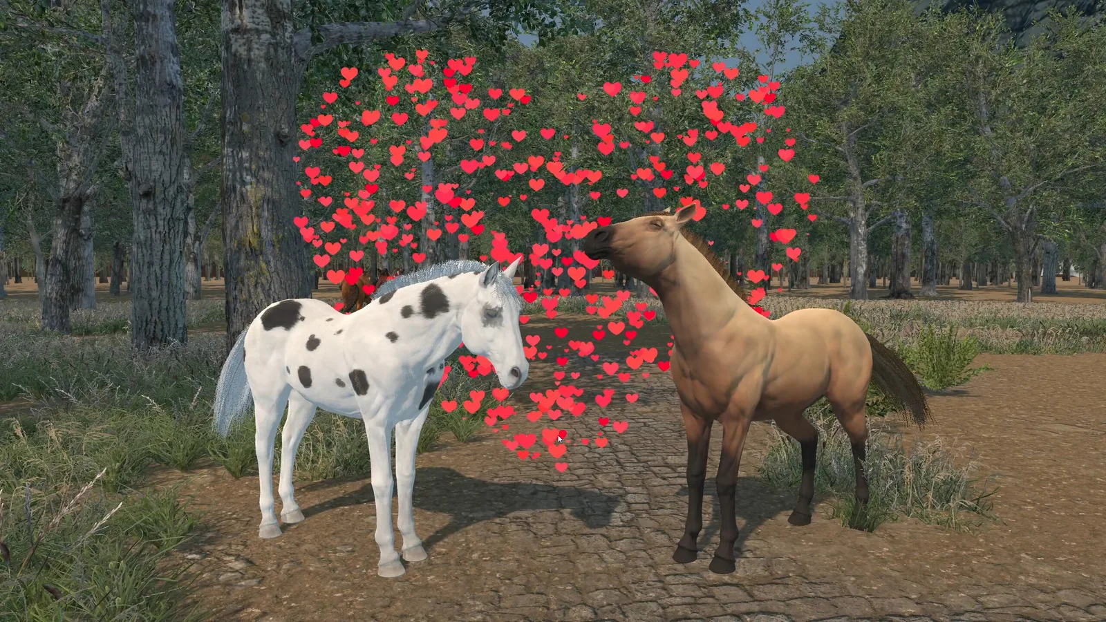 Two horses in a forest with hearts, showcasing a romantic theme in Medieval Horse Dealer Simulator.