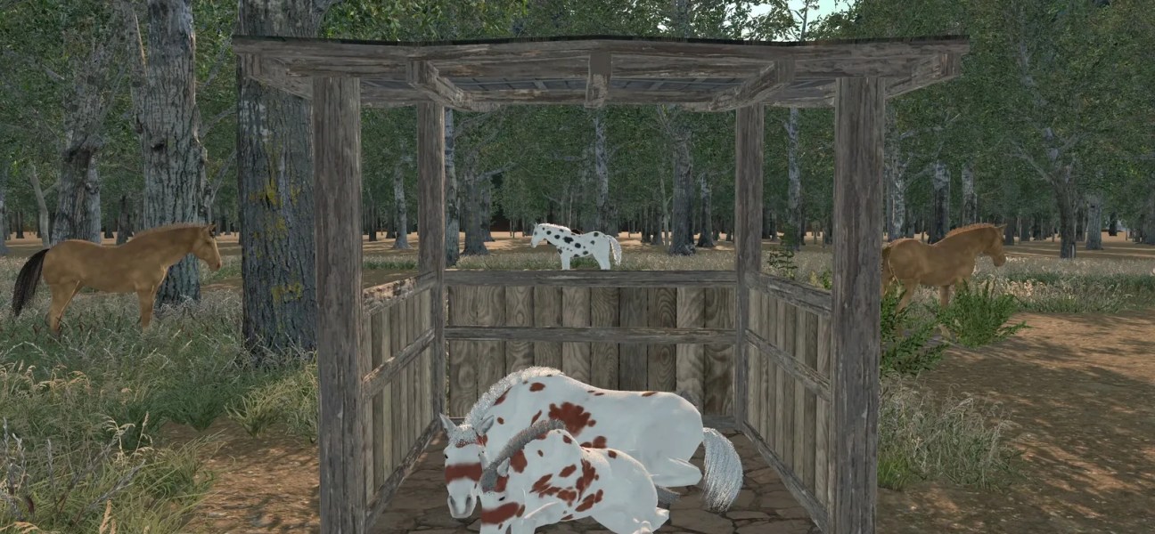 Medieval Horse Dealer Simulator showcasing a horse pen in a forest setting