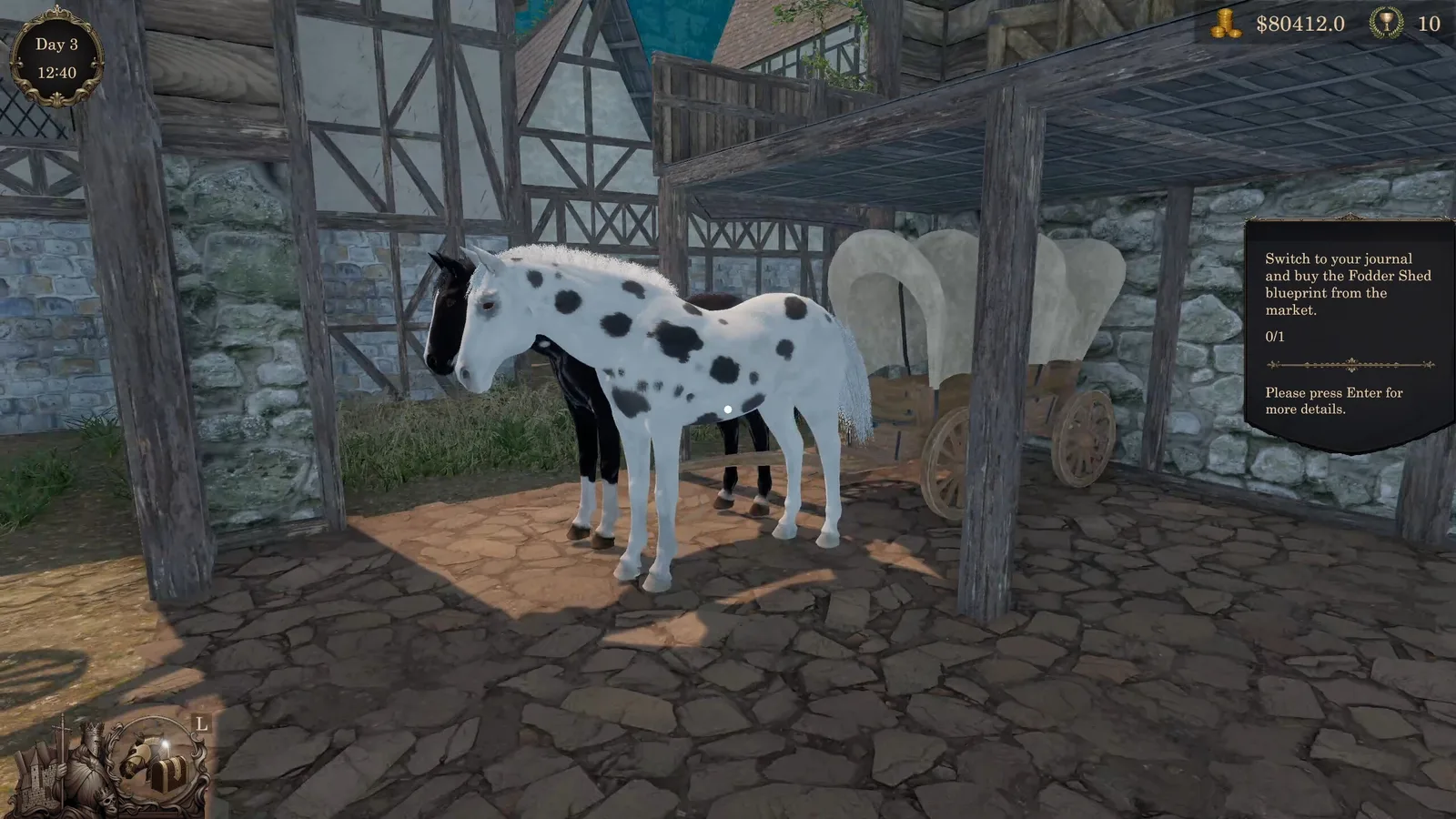 A spotted horse in a medieval market setting with wagons and buildings.