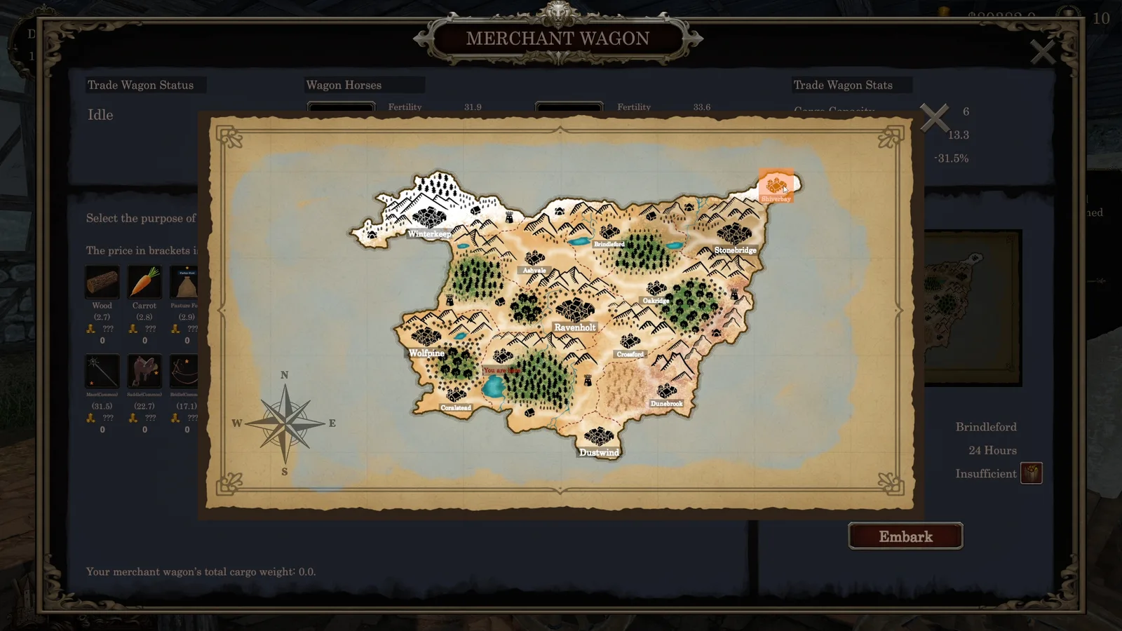 Map interface from Medieval Horse Dealer Simulator showcasing trade routes and locations.