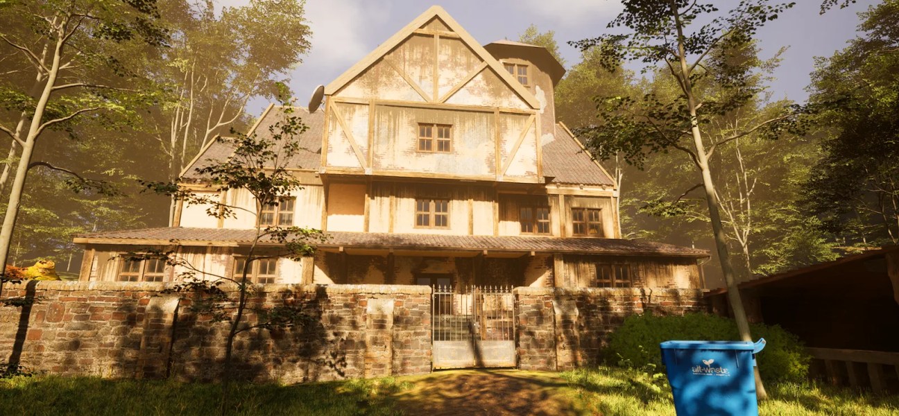 A beautifully detailed house surrounded by trees in a serene landscape.