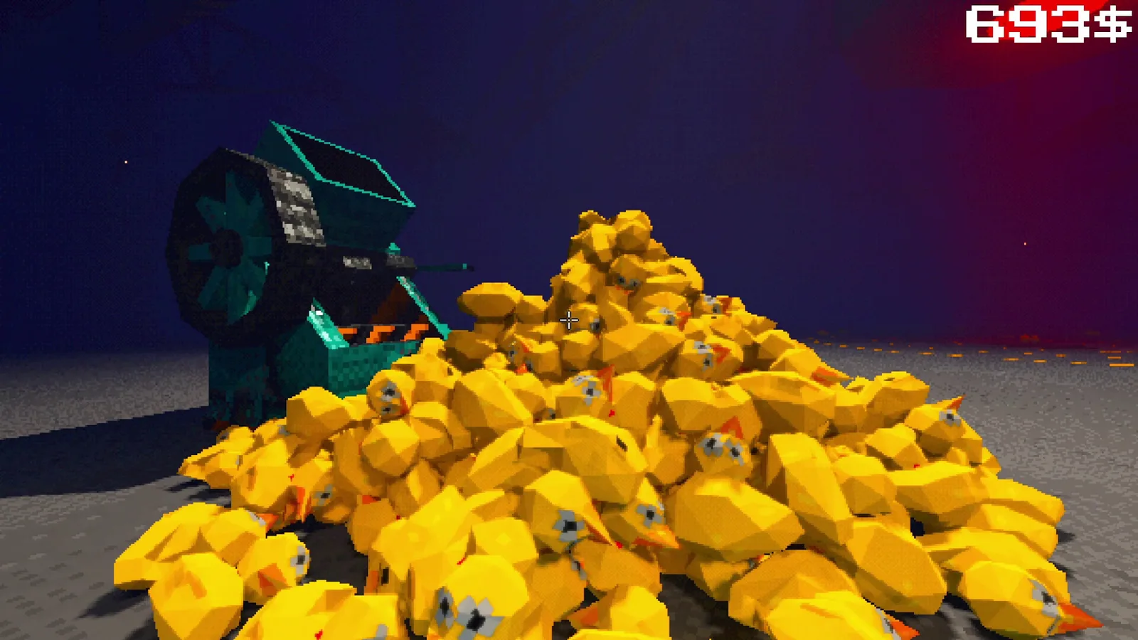 Colorful pile of yellow ducks next to a quirky machine in a vibrant game setting