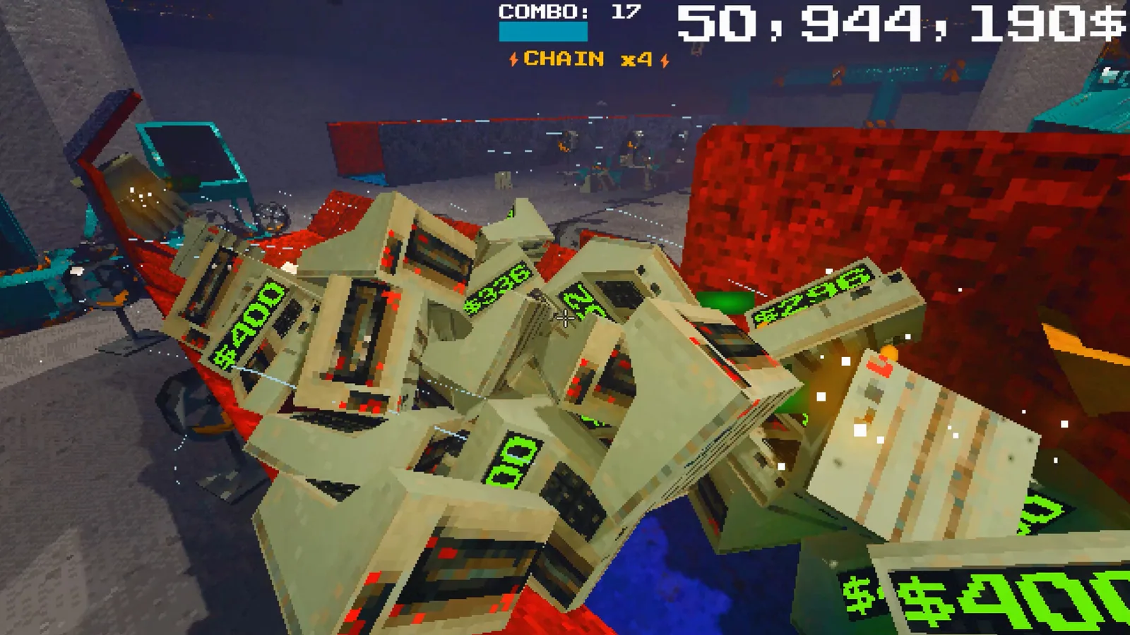 Colorful retro-style game scene with stacked computers and cash