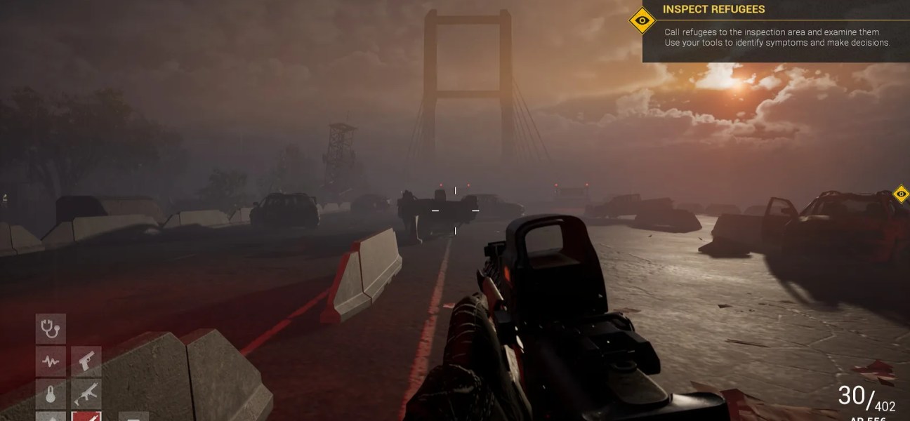 Gameplay scene from Quarantine Zombies - Prologue featuring a sunset and abandoned vehicles