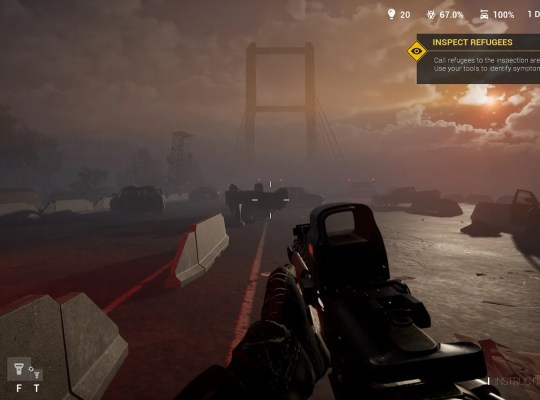 Gameplay scene from Quarantine Zombies - Prologue featuring a sunset and abandoned vehicles