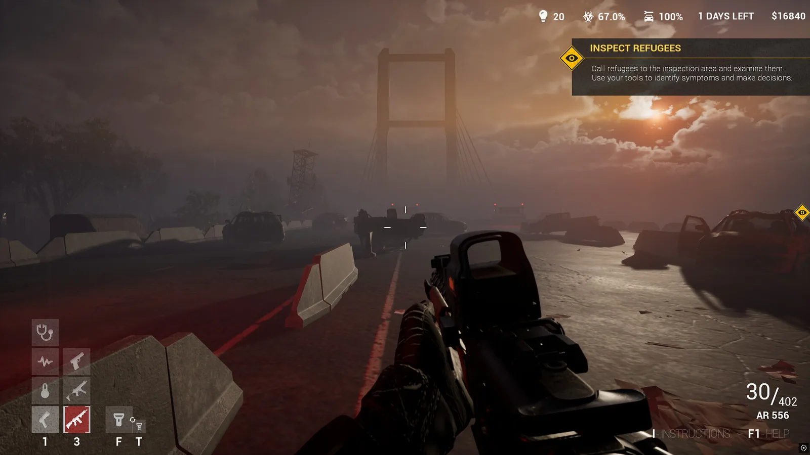 Gameplay scene from Quarantine Zombies - Prologue featuring a sunset and abandoned vehicles