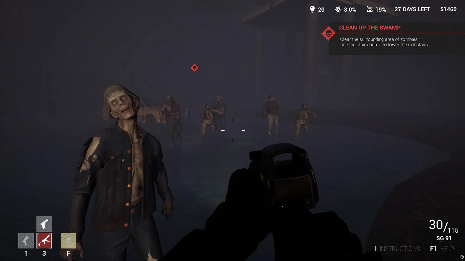 Player confronting zombies in a foggy swamp environment in Quarantine Zombies - Prologue