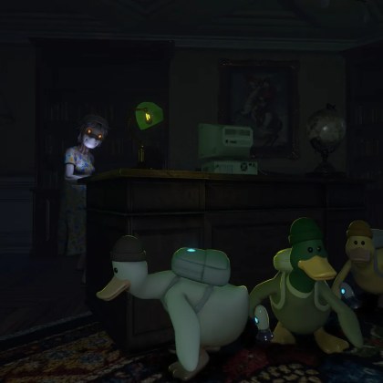 A mysterious scene with a child and glowing ducks in a dimly lit room.