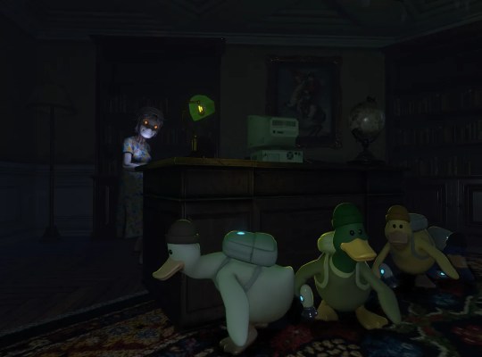 A mysterious scene with a child and glowing ducks in a dimly lit room.