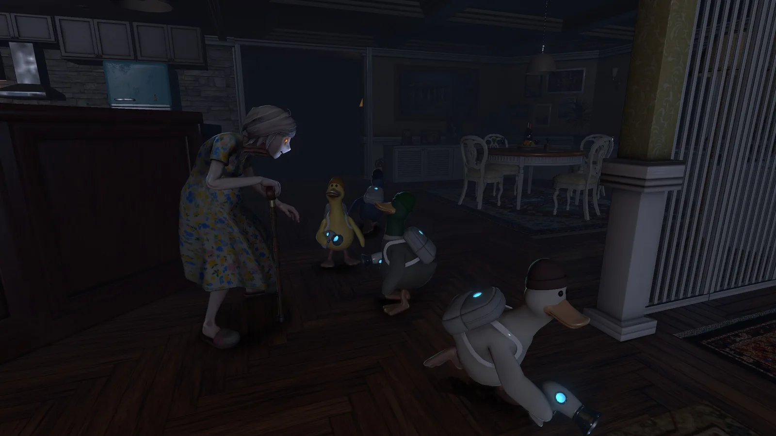 A group of animated ducks sneaking up on an elderly woman in a dimly lit room.