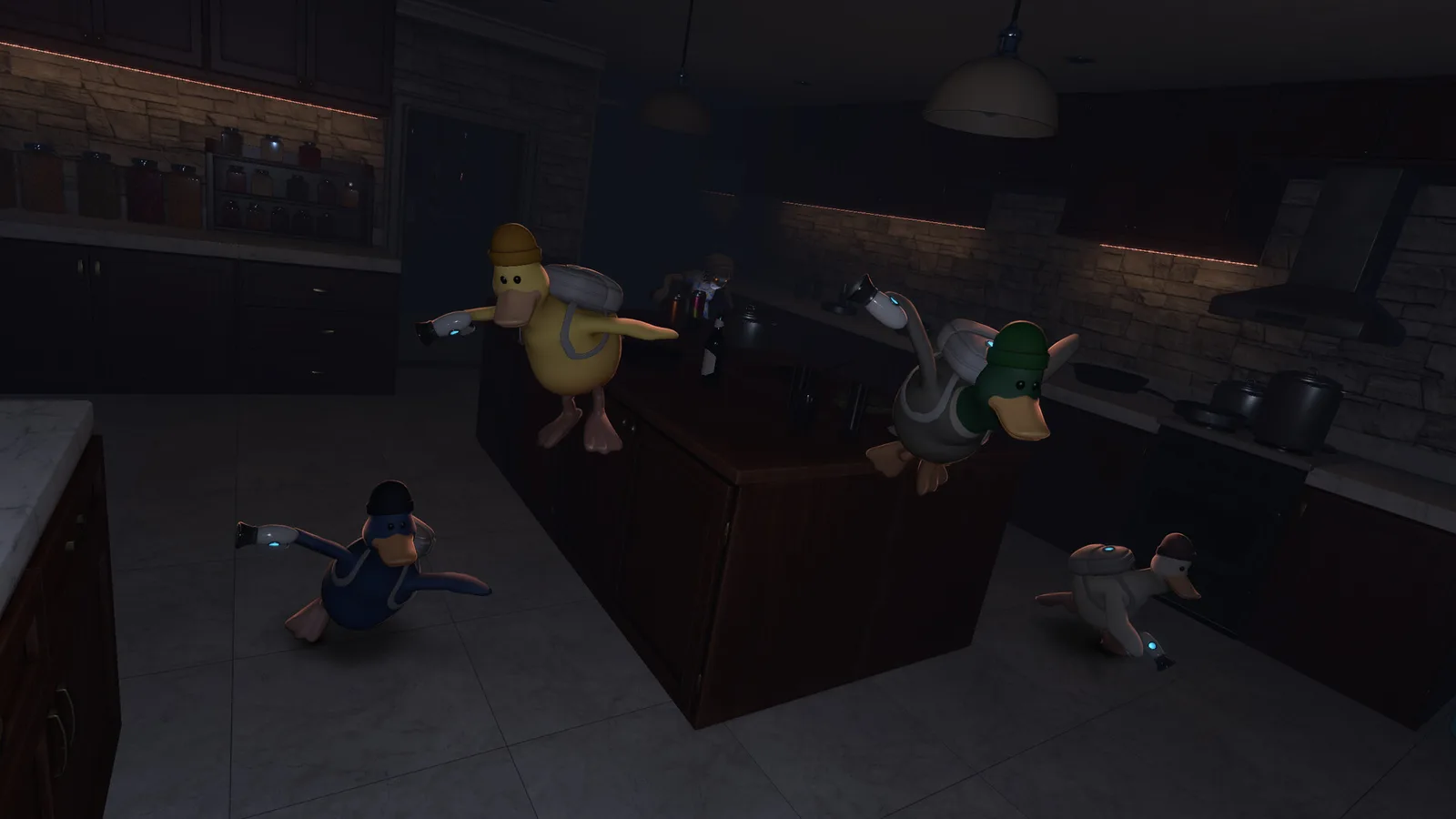 Four animated ducks with gadgets in a dimly lit kitchen setting