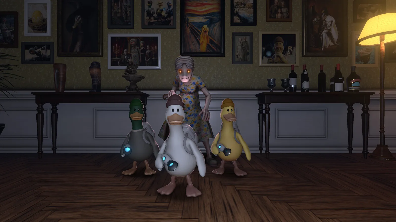 A spooky scene featuring a woman and three ducks in a dimly lit room.