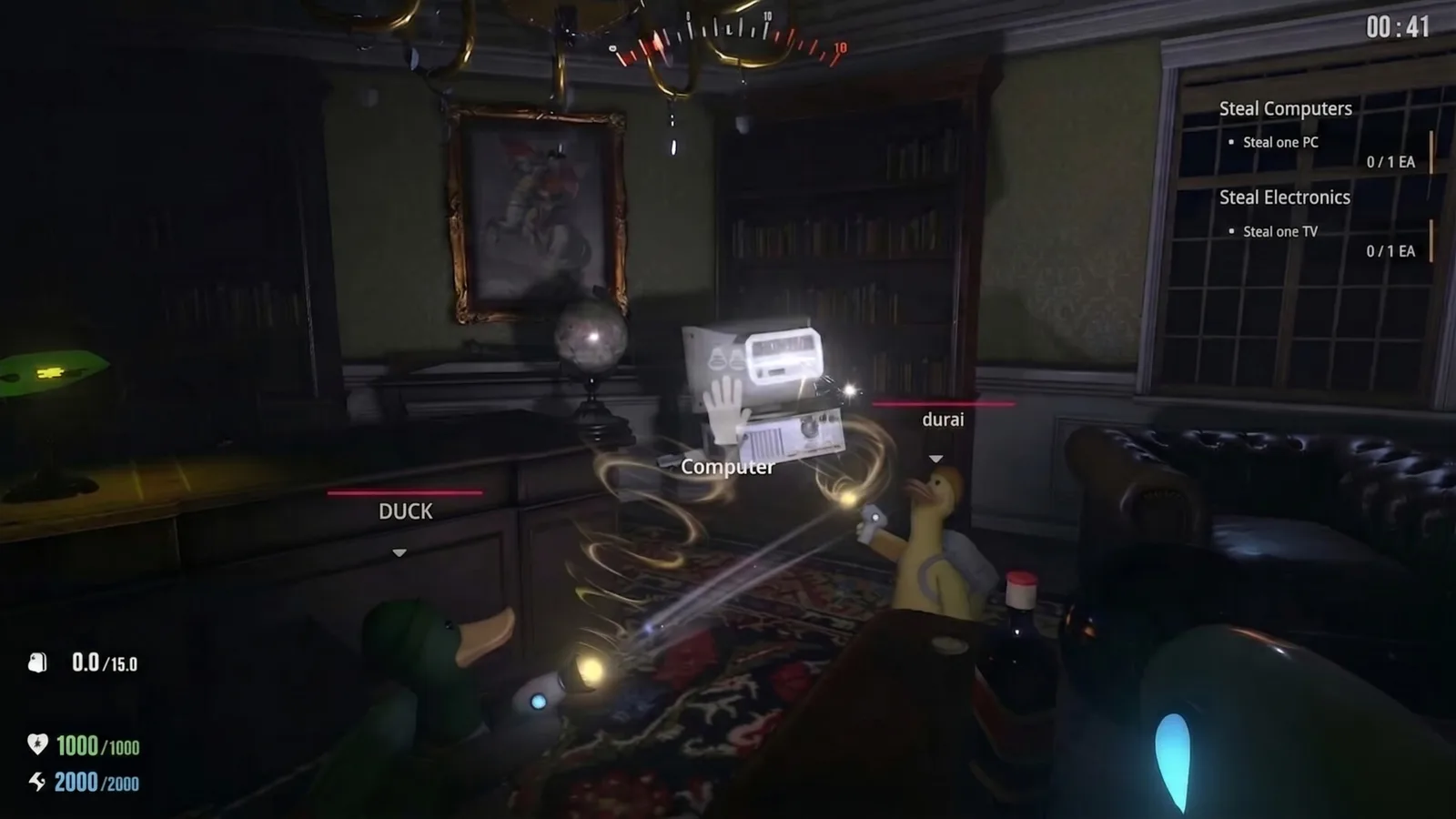 Gameplay screenshot of a stealth game featuring ducks stealing electronics