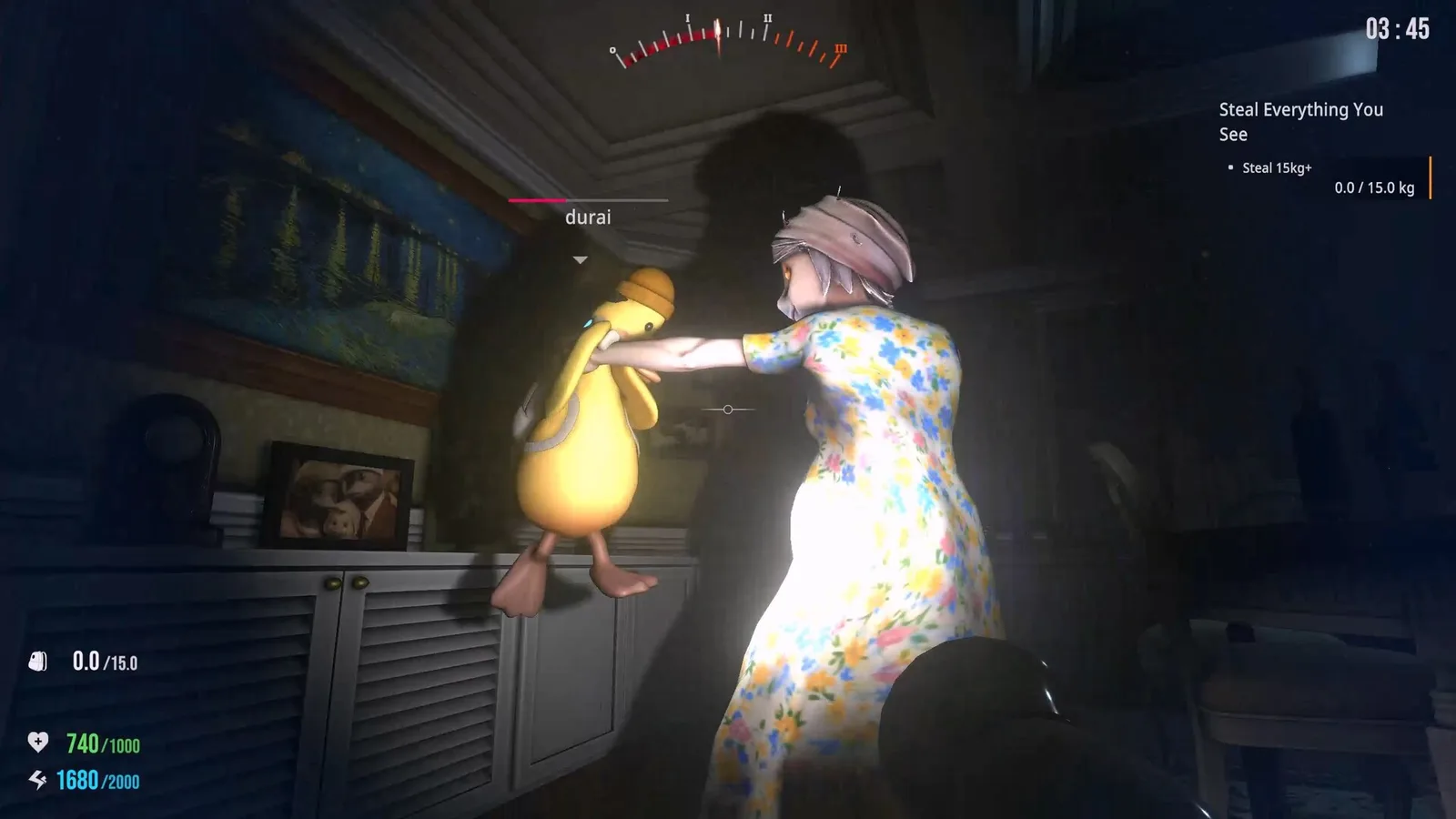A woman in a floral dress confronts a yellow character in a dimly lit room.