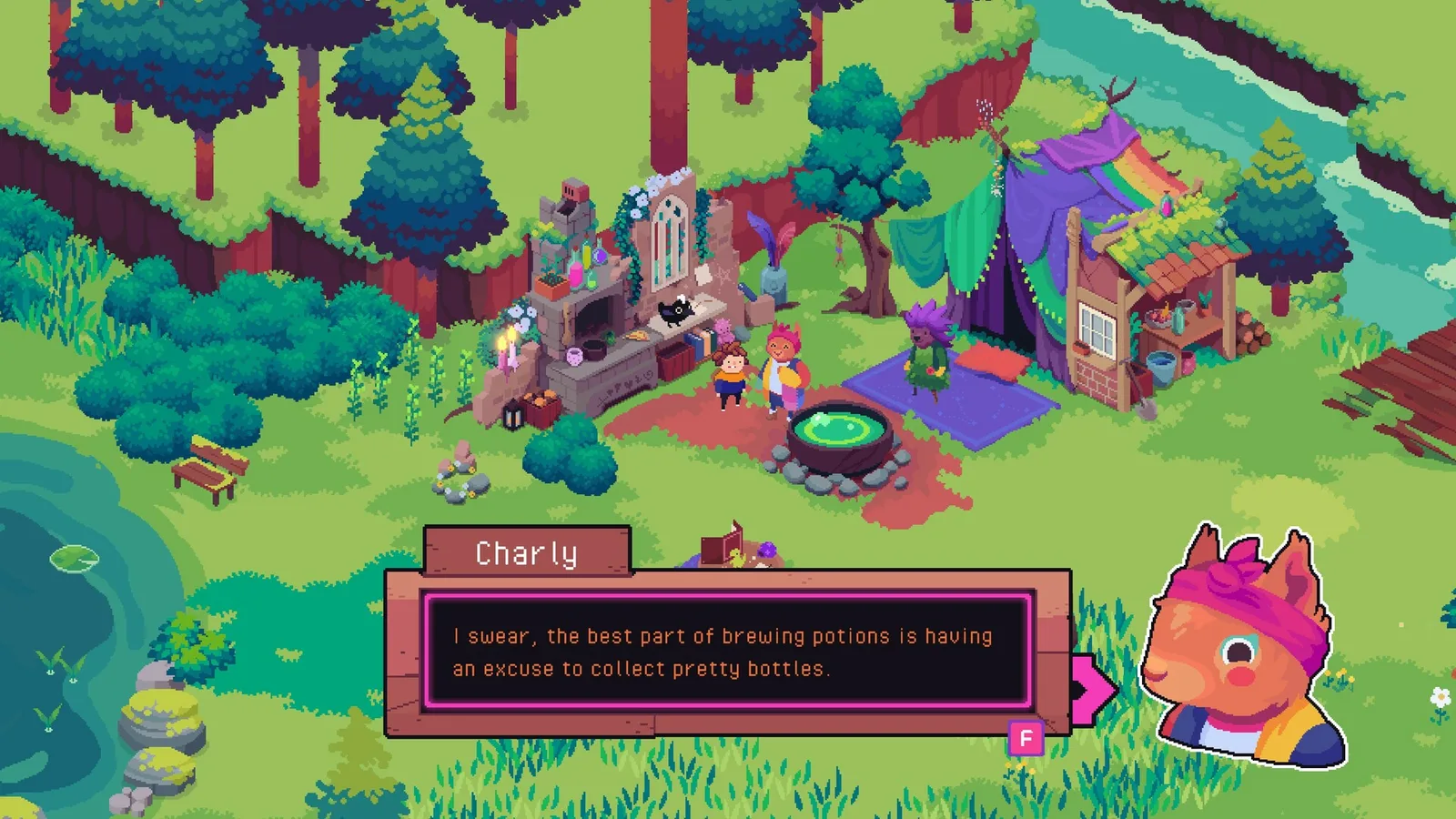 Colorful scene from Ritual of Raven featuring characters brewing potions in a vibrant forest
