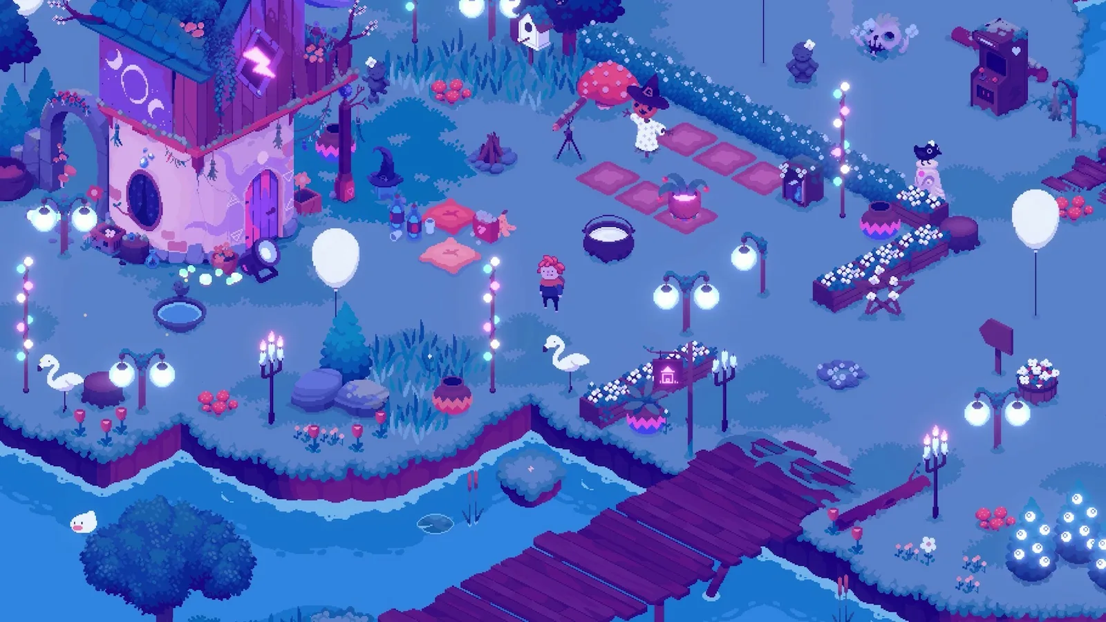 Charming nighttime scene from Ritual of Raven with glowing lights and whimsical characters