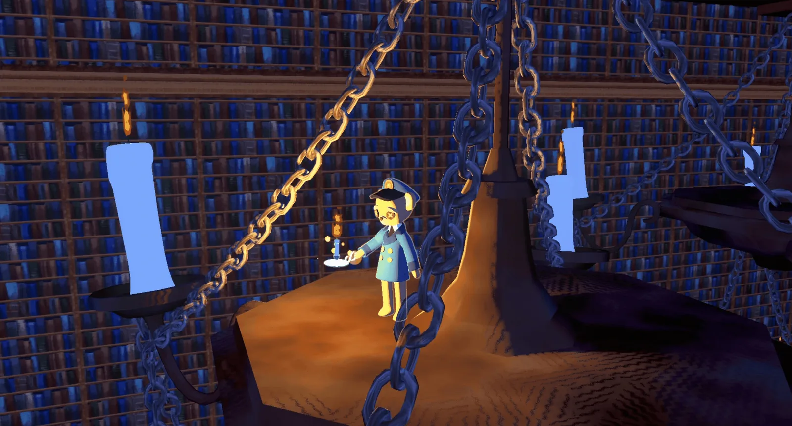 A character holding candles in a mysterious library setting from Sleep Herd game.