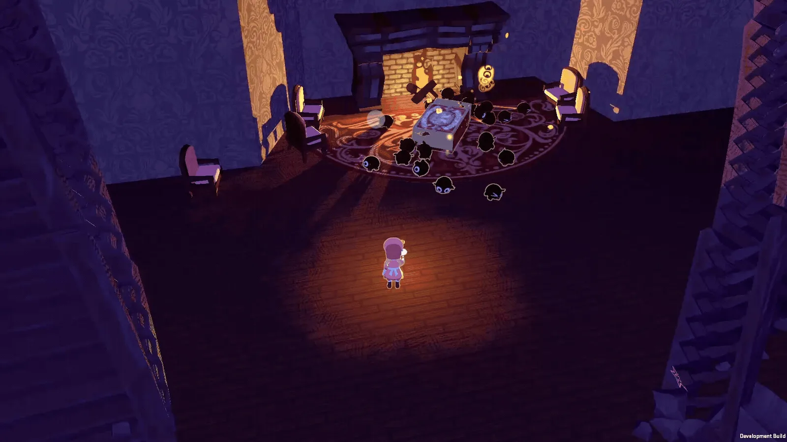 A character exploring a dimly lit room with a fireplace and mysterious shadows.