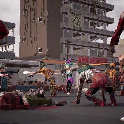 Survivors battling zombies in a post-apocalyptic urban setting