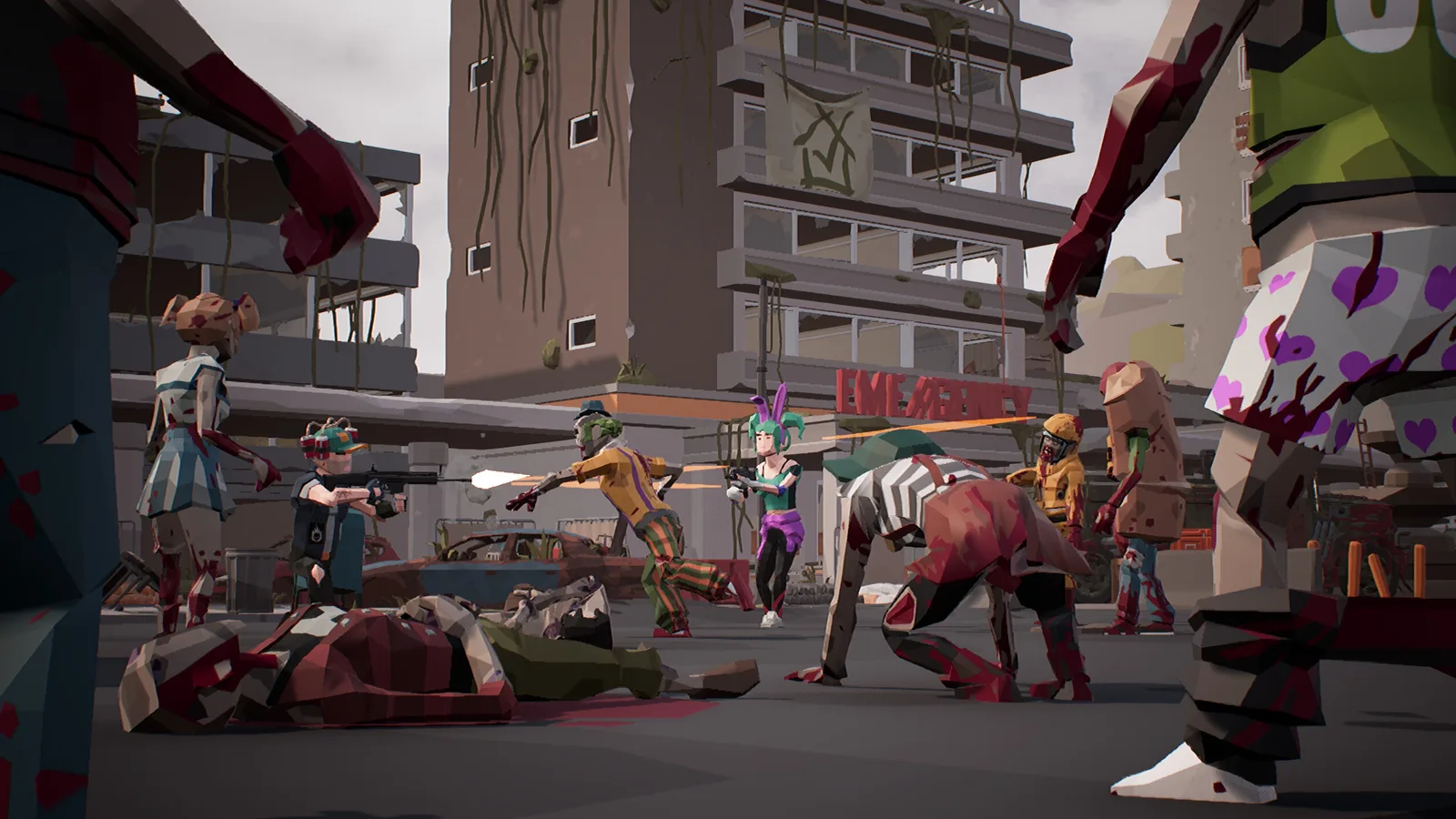 Survivors battling zombies in a post-apocalyptic urban setting