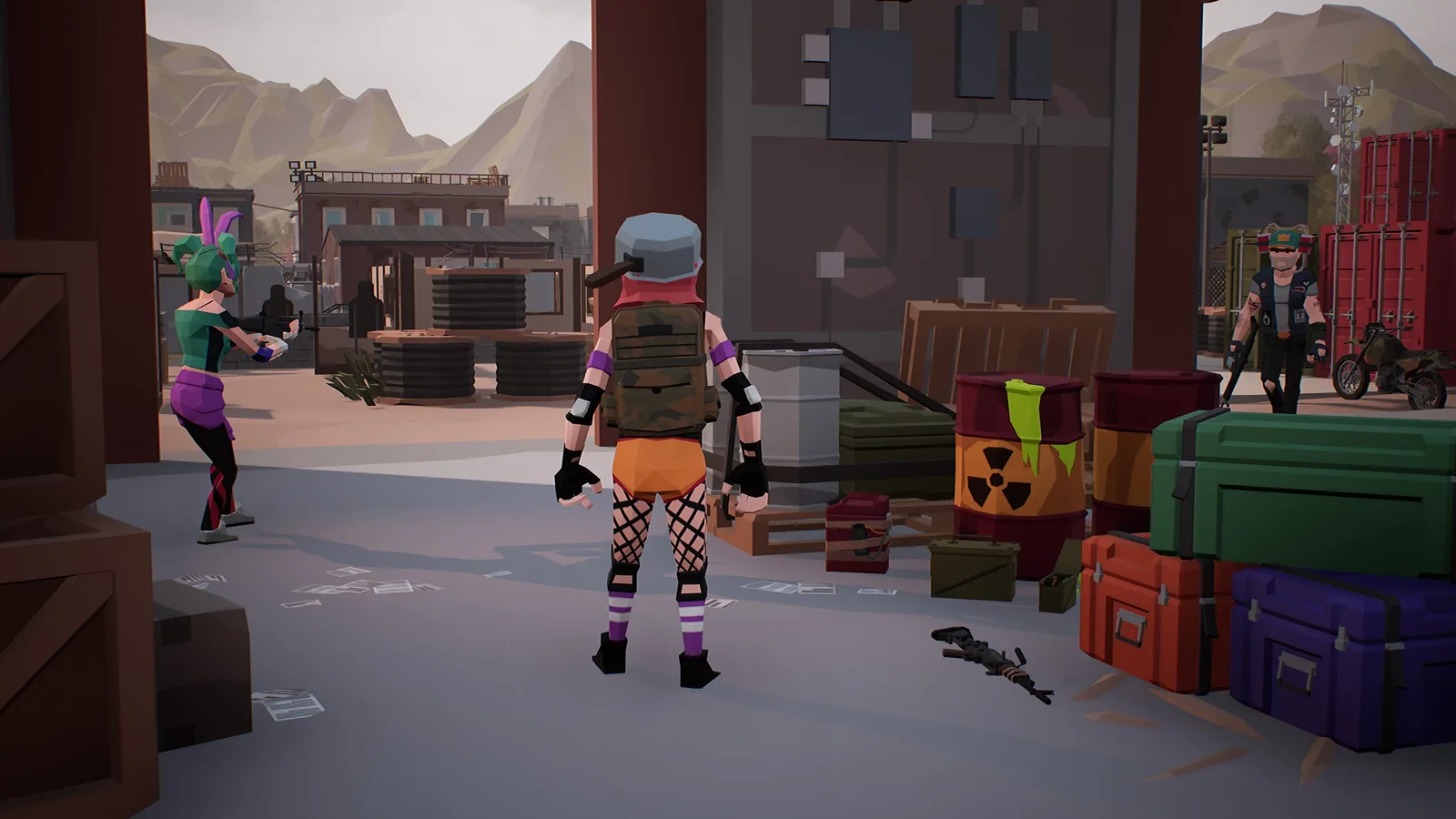 Three characters in a post-apocalyptic setting with crates and debris.
