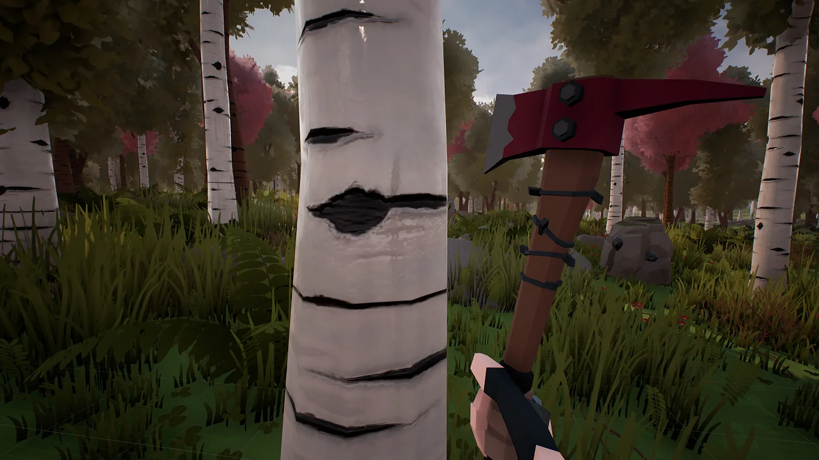 Survival gameplay in a vibrant forest setting with an axe and birch trees
