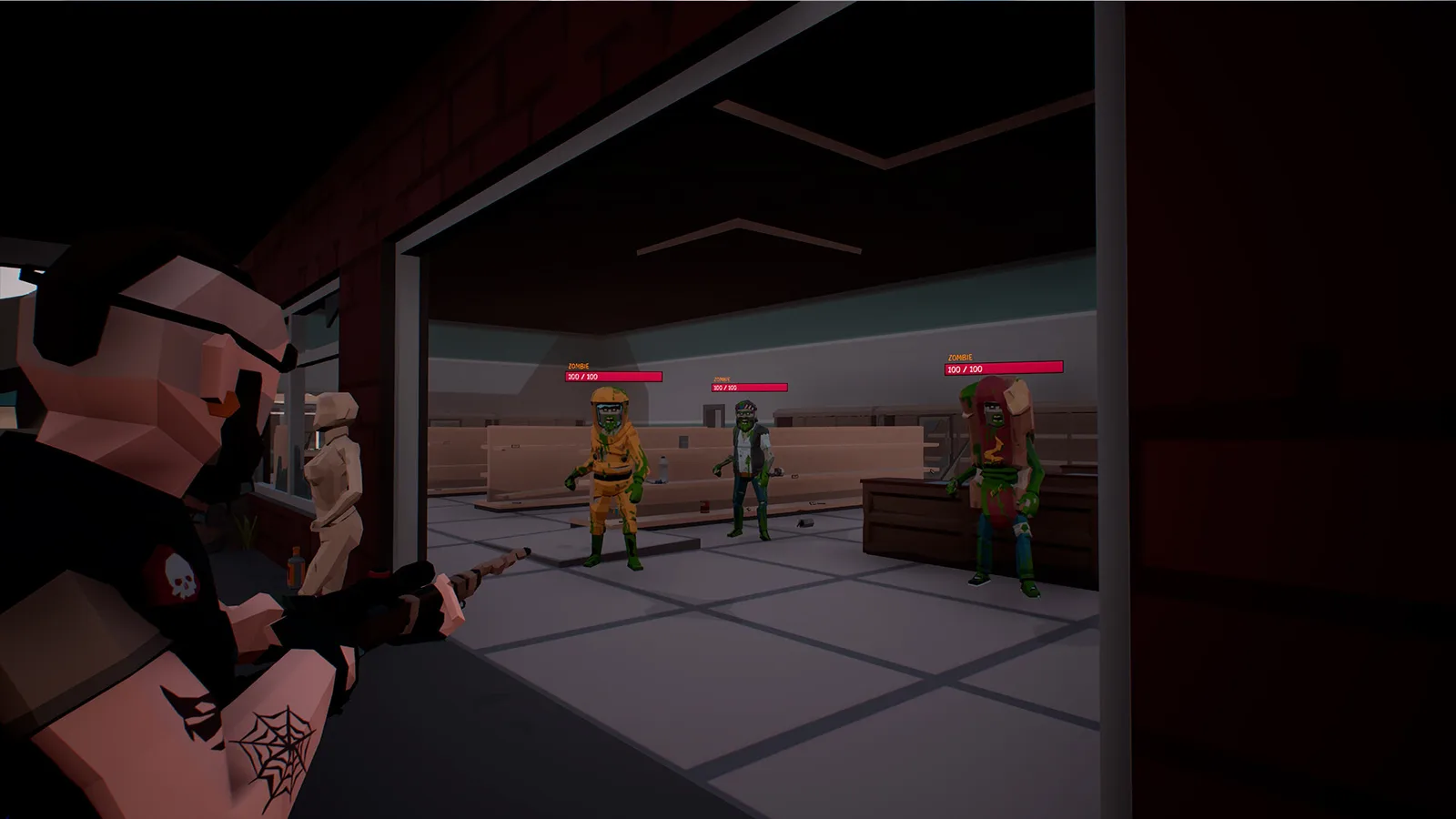 Tense standoff in The Last Disease Z with characters in a warehouse setting