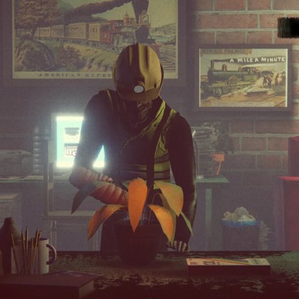 A character tending to a plant in a cozy, atmospheric room in Trainwatch.